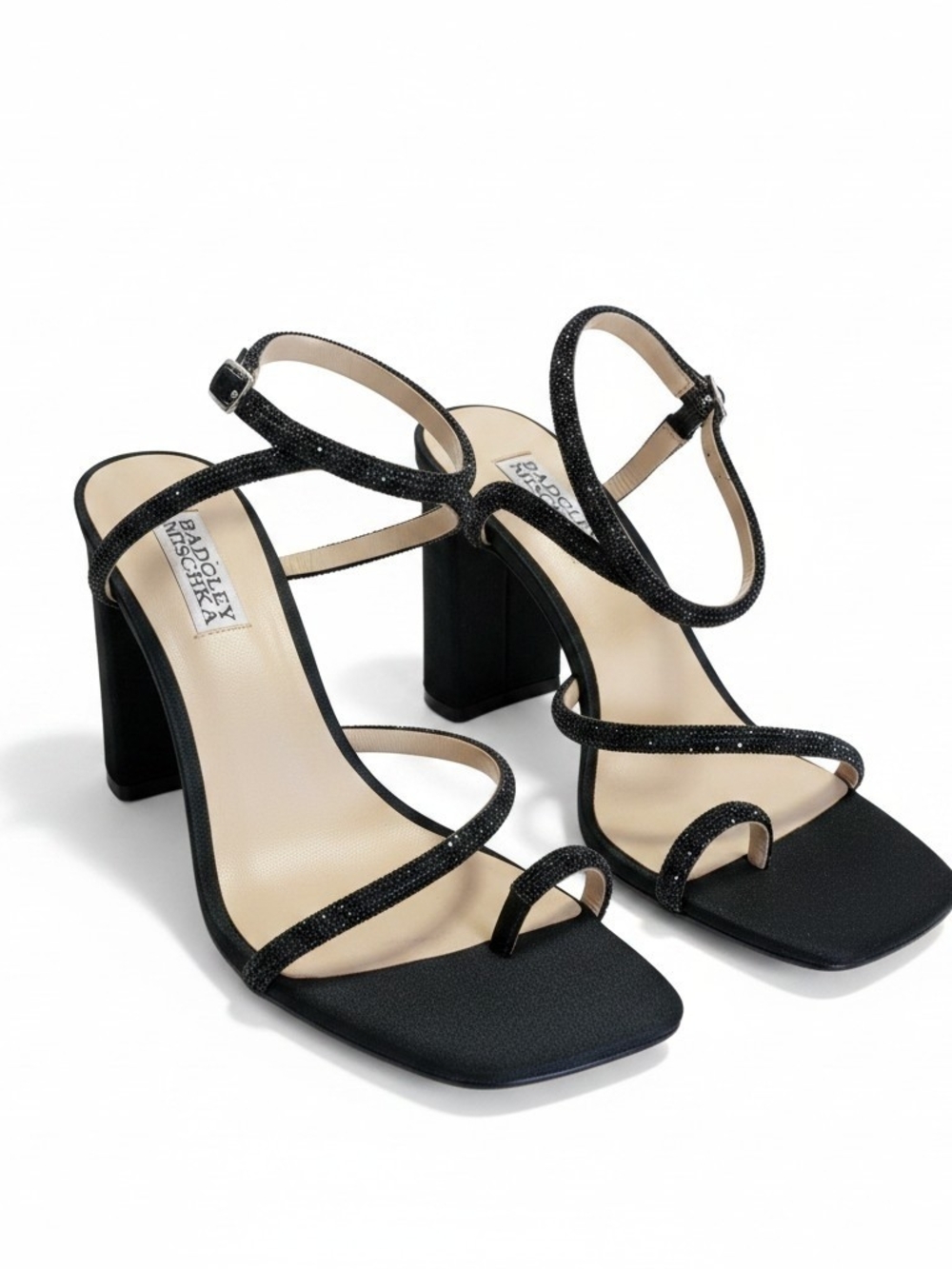 Badgley Mishka Black Rhinestone Strappy Block Heel Sandals Size 7